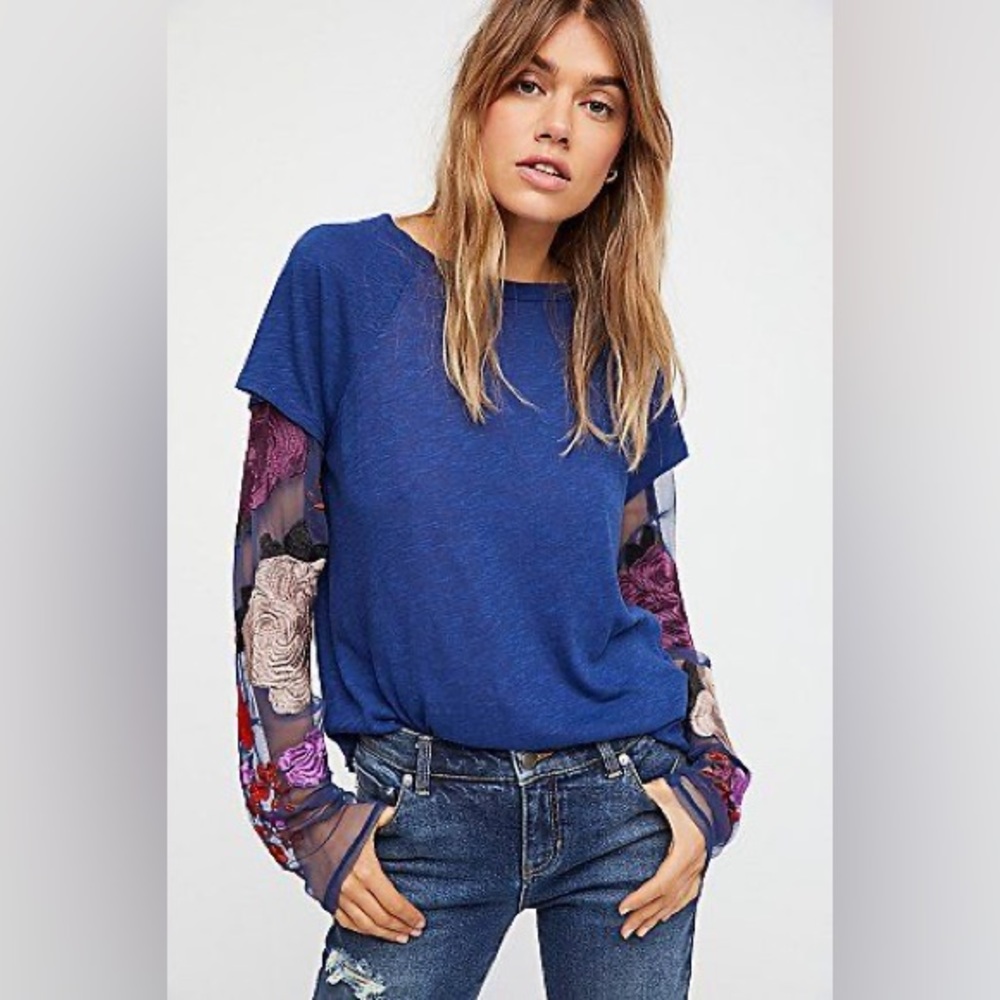 Free People Take Me Away Twofer Blue Embroidered Mesh Sleeve Top